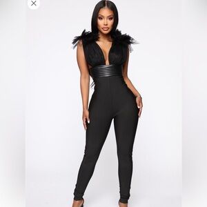 Fashion Nova Black Feathered Skinny Jumpsuit